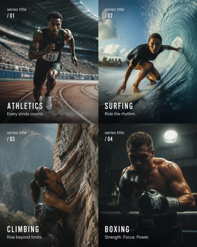 Create a 4-panel vertical poster series titled "[SERIES TITLE]" featuring [SPORT CATEGORY] athletes 