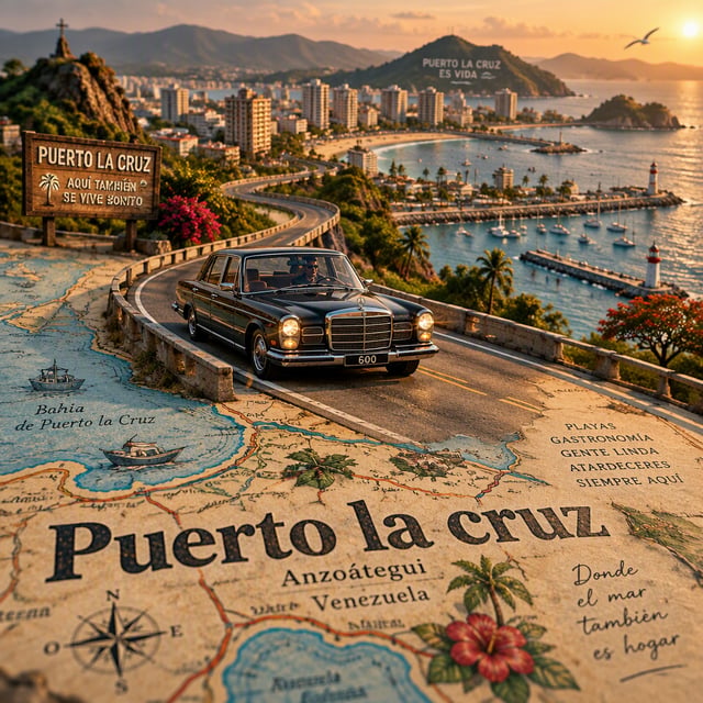 Create a highly detailed cinematic miniature tilt-shift travel scene of Puerto la cruz featuring a r