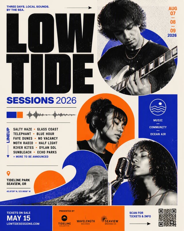 Bold graphic poster for a fictional indie music festival "LOW TIDE SESSIONS 2026". A collage of blac