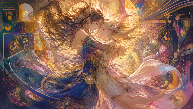 A meticulously detailed anime-style image of two girls embracing in a burst of radiant light; their 