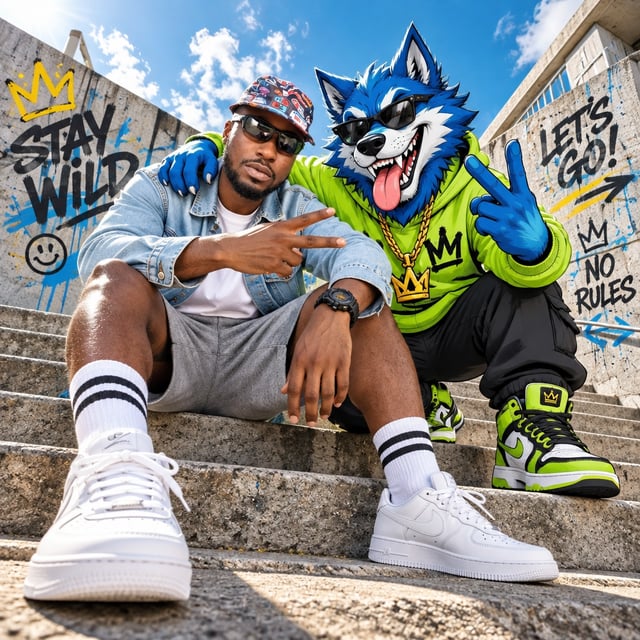 A stylish young man sits relaxed on broad urban concrete steps, leaning toward the camera in a light