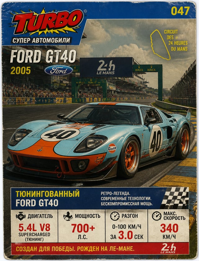 Создай тюнингованный Ford GT40, 2005 года выпуска (стиль ретро-рейсинг с современным тюнингом), в ви
