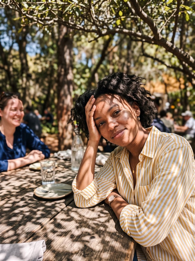 A young woman in a yellow-and-white striped button-up shirt leans toward the camera at an outdoor ta