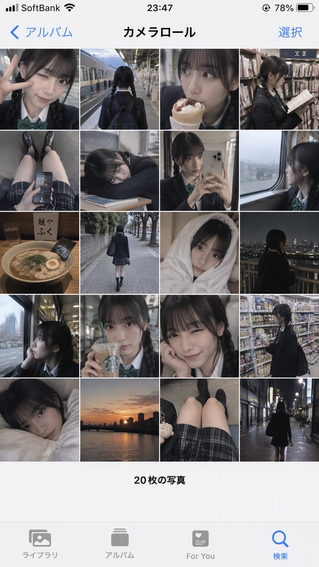 Generate a realistic screenshot of an iPhone photo gallery interface displaying a grid of 20 anime-s