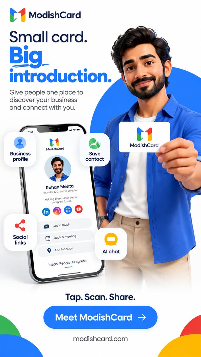 Create a polished 3D advertising poster for ModishCard.FORMAT: 1080 × 1350 px, portrait.ART DIRECTIO
