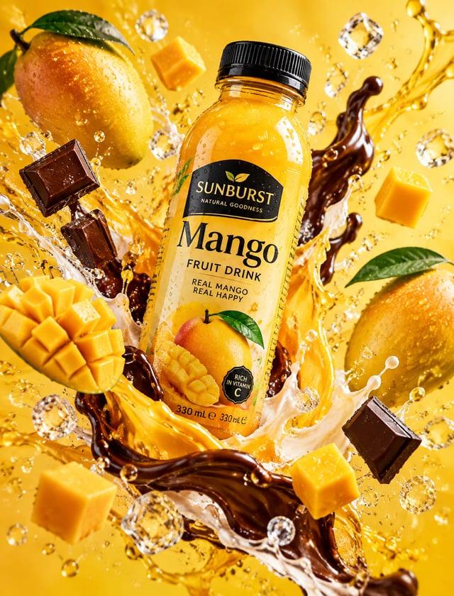 Premium mango juice drink bottle surrounded by swirling water splash, floating mangoes and chocolate