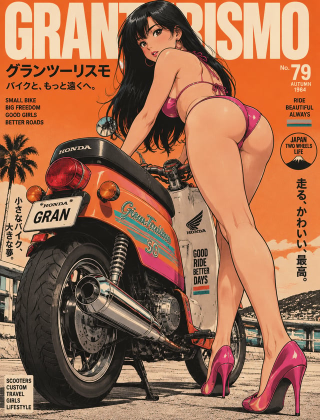 A stylized retro motorcycle poster features an adult anime woman with long black hair leaning over a