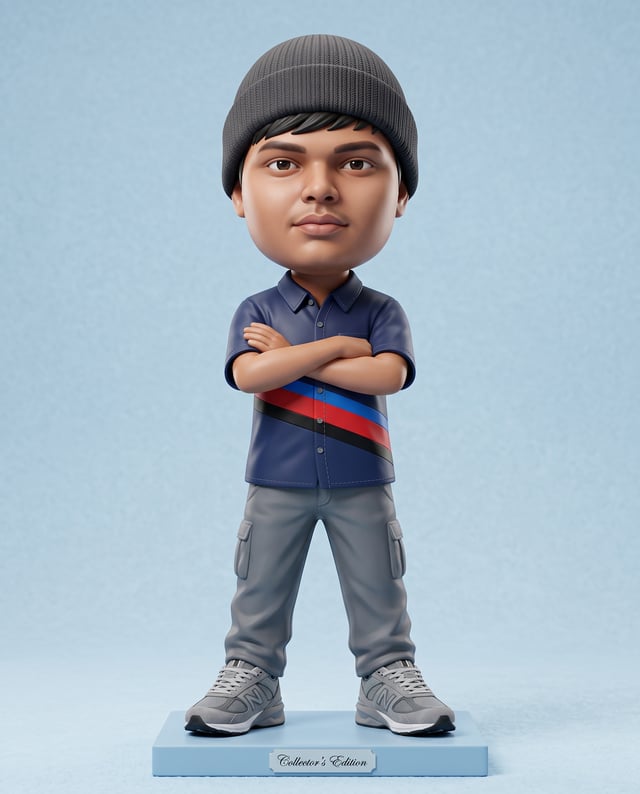 3D rendered caricature figurine, big head chibi style, wearing gray with colours stripes (adjunt ima