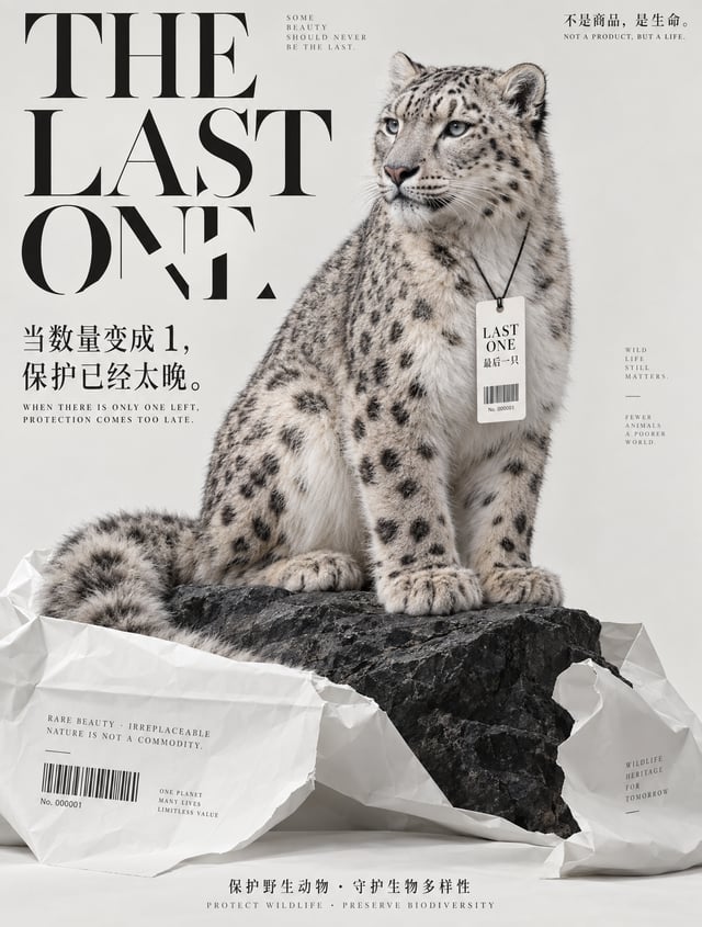 一张3:4竖版生态保护公益海报，主题为「野生动物保护 / THE LAST ONE」，整体采用高端奢侈品广告与国际公益视觉结合的艺术方向。画面背景为纯净高级的暖灰白色摄影棚空间，大面积留白，干净克制，