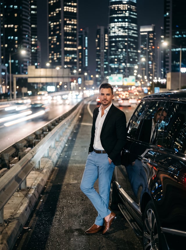A cinematic night-time urban portrait of a confident, handsome man leaning against a black luxury SU