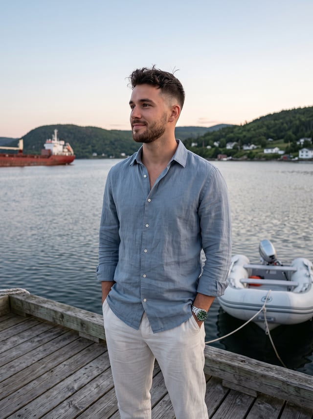 A serene, realistic lifestyle portrait captures a man in his late twenties standing in a relaxed 45-