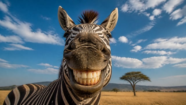 An ultra-realistic nature photograph of a zebra with a wide, human-like smile, featuring perfectly a