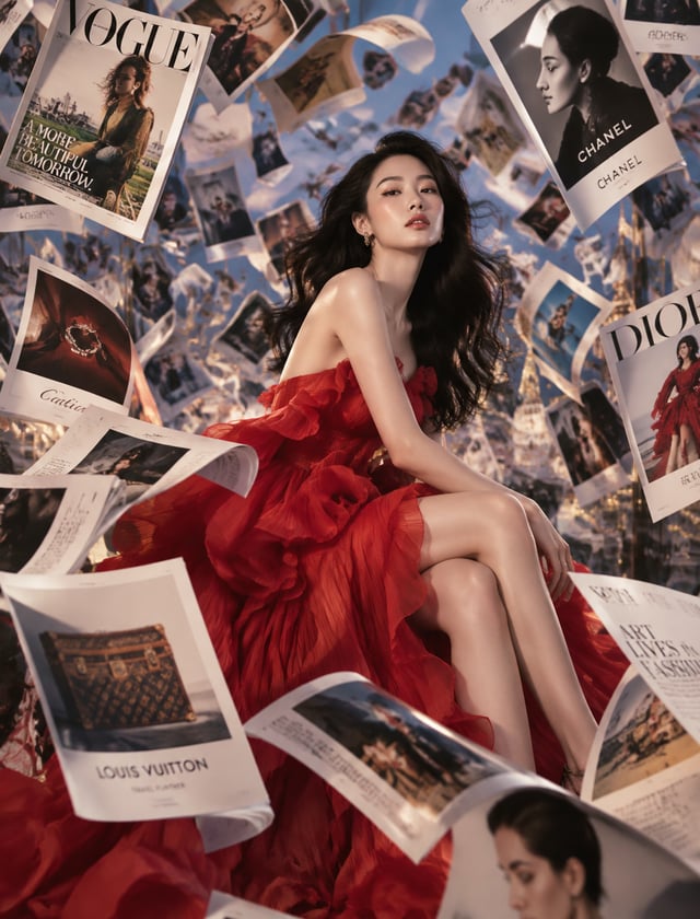 Fashion editorial where hundreds of luxury magazine pages appear frozen mid-air around a Korean fema
