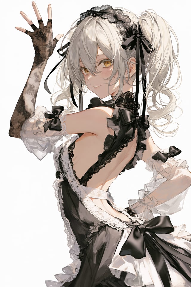 Prompt:Three-quarter rear view of an adult anime woman looking back over her shoulder. Her torso fac
