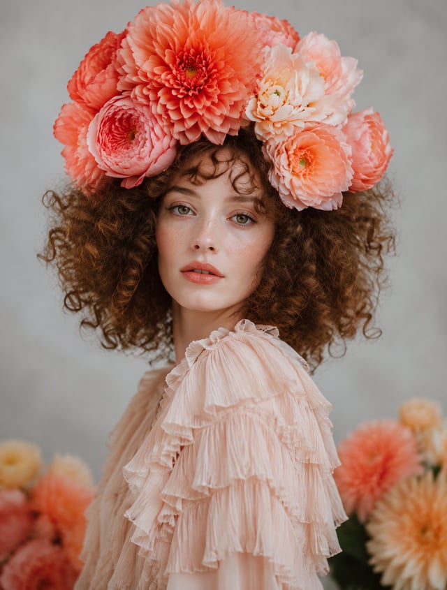A detailed studio portrait of a young woman with voluminous, natural curly brown hair, looking direc