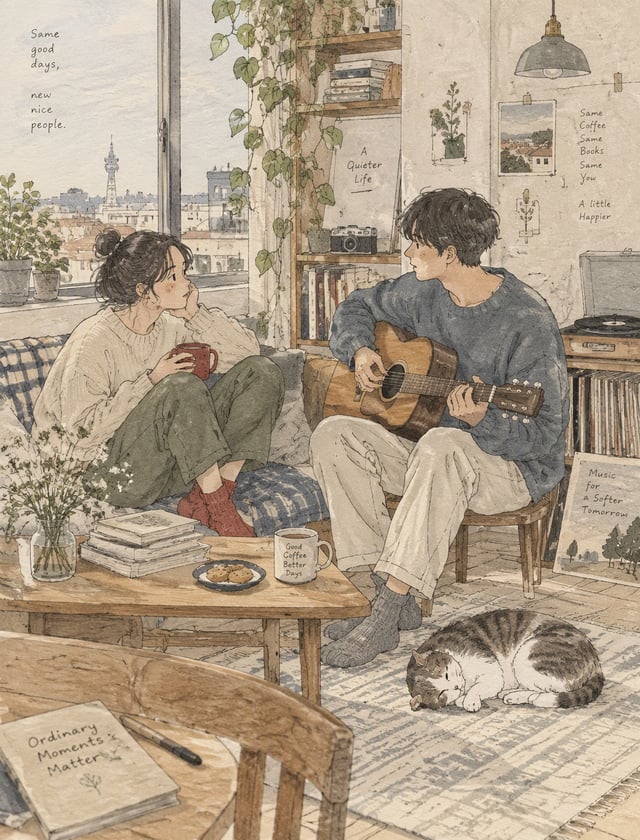 Create a delicate contemporary Japanese slice-of-life illustration showing a quiet, cozy everyday mo