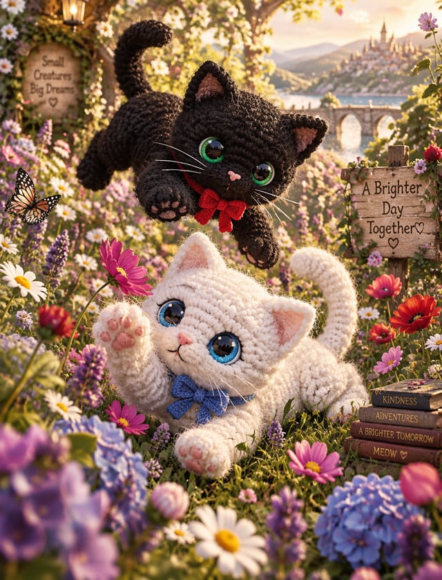 High-quality, intricate macro photography of two adorable, handmade crochet amigurumi kittens playin