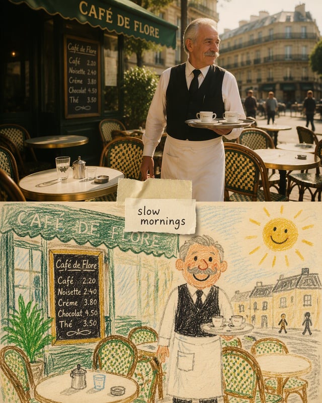 A split-layout artwork divided horizontally into two equal halves. Top half: a warm 35mm film photog