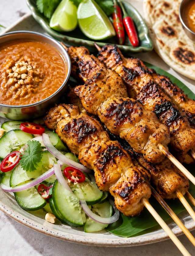 A close-up platter of charred chicken satay skewers overlaps across the foreground, the caramelized 
