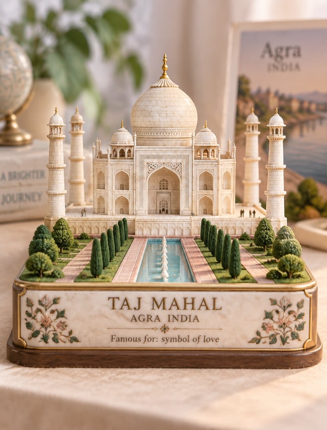 Create a premium cute miniature 3D diorama of [taj mahal], [Agra, India]. Keep the landmark recogniz