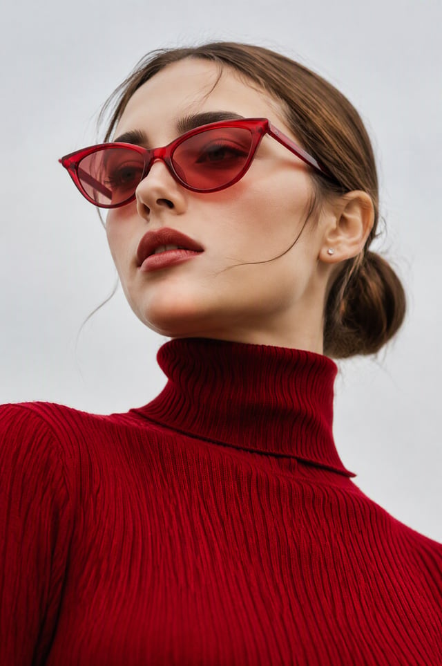 A low-angle editorial fashion portrait of a young woman with porcelain skin, wearing a vibrant crims