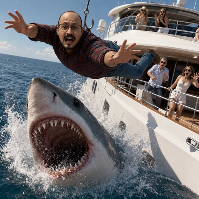 A stylized cinematic CGI scene captures a terrified bearded man suspended horizontally above the oce