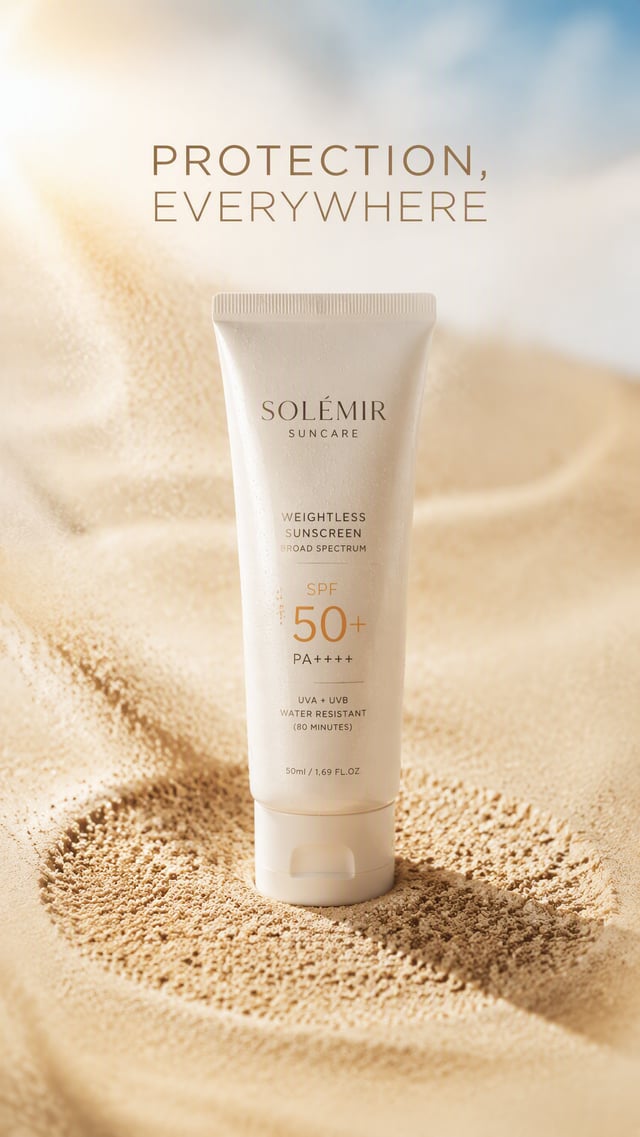 Premium 4:5 advertising poster for a premium sunscreen brand. A single sunscreen tube standing on pa