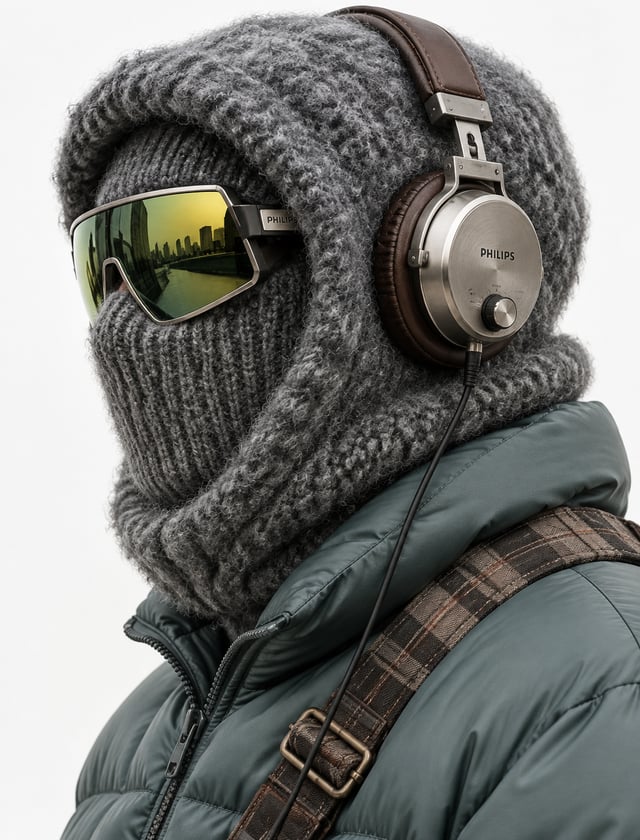 ultra-stylish side profile of person wearing thick chunky textured gray wool balaclava and hood that