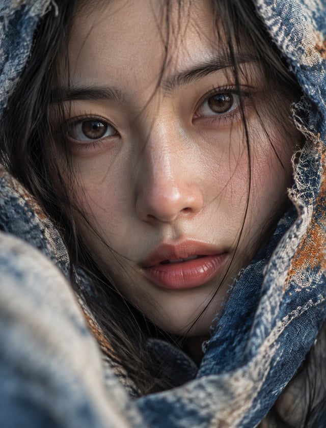 创建一个超现实的垂直4:5一个漂亮的亚洲美女特写肖像，从非常近的距离拍摄。脸几乎占据了整个画面，只有周围织物和衣服的一小部分可见。构图应该给人一种自发和亲密的感觉，就像是由专业时尚摄影师使用高端微距肖