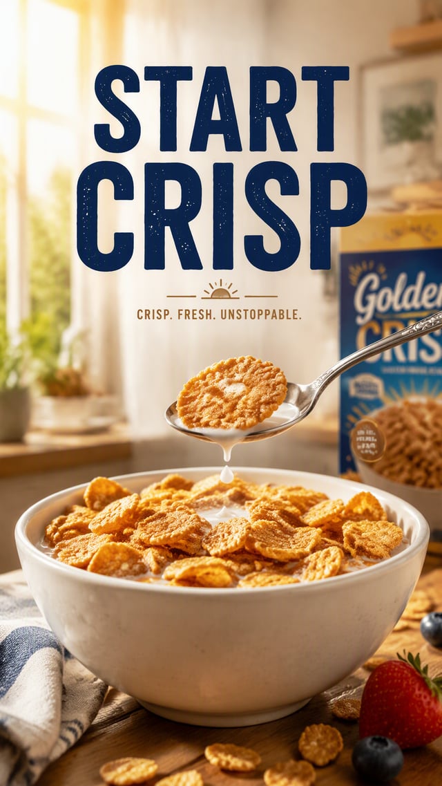 Premium 4:5 advertising poster for a premium breakfast cereal brand. A white ceramic bowl filled wit