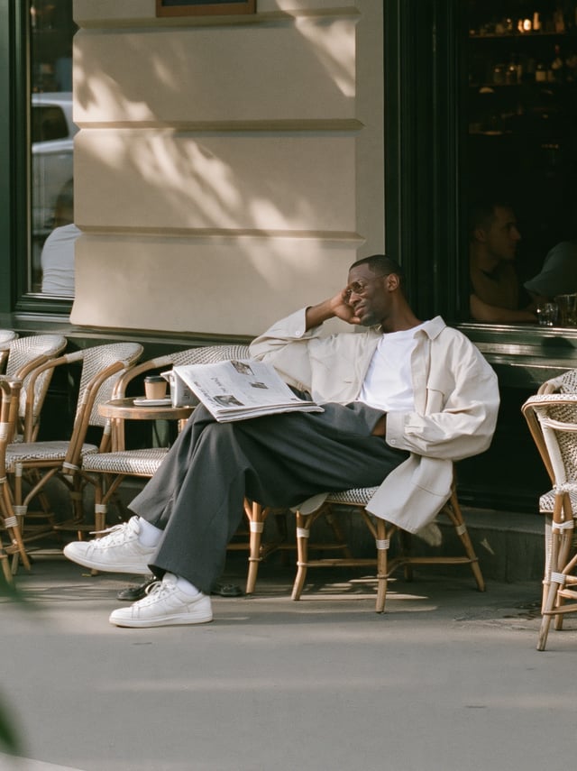 candid street photograph, Black man in his thirties sitting alone at a small outdoor café table read