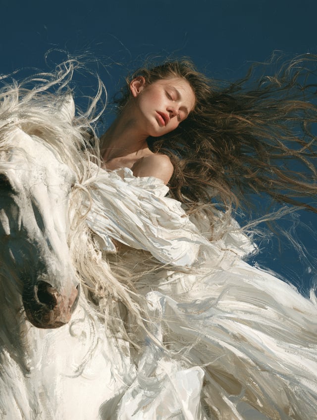 A woman sleeps peacefully on a floating white horse as they slowly drift through a deep blue dreamli