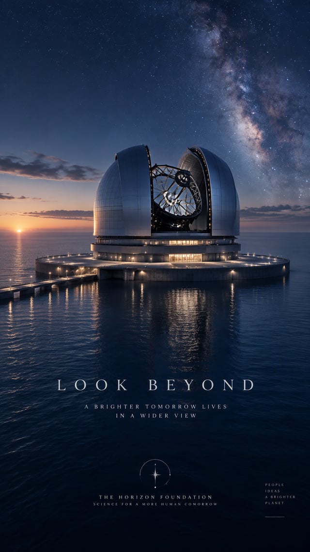 Premium 4:5 conceptual advertising poster for a scientific discovery foundation. A monumental modern