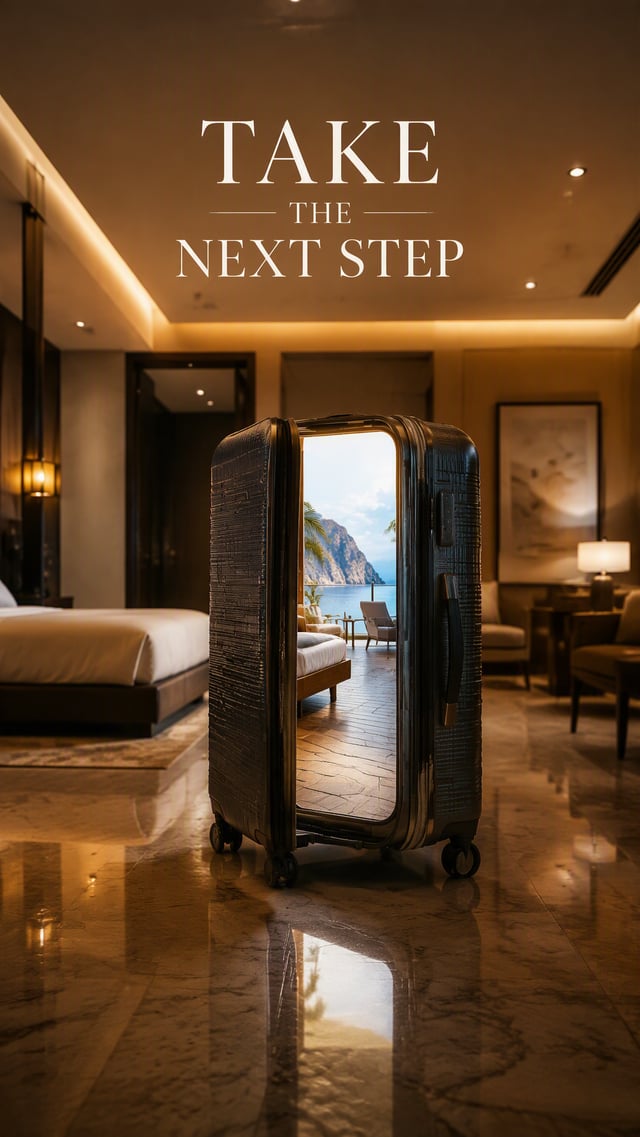 Premium 4:5 travel luggage advertising poster.A premium suitcase standing upright in an empty modern