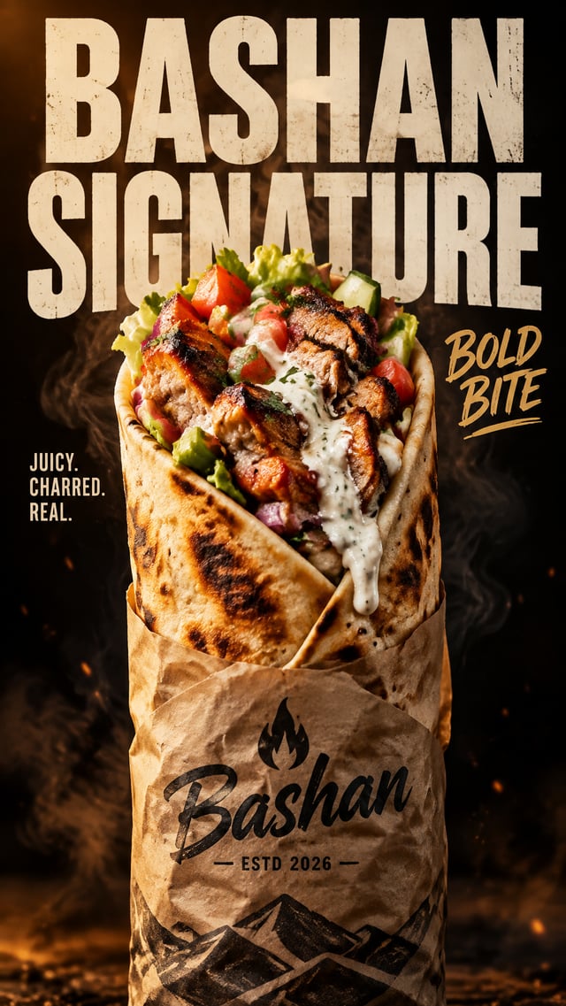 Create a premium street-food advertising poster for a fictional gourmet shawarma brand called "Basha