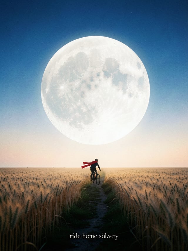 Surreal minimal landscape. An enormous full moon with visible craters and soft glow rises just above