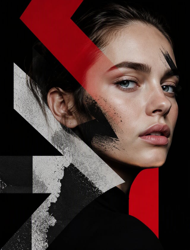 A hyper-realistic cinematic portrait poster of a young woman's face in 3/4 profile, sharp detailed p