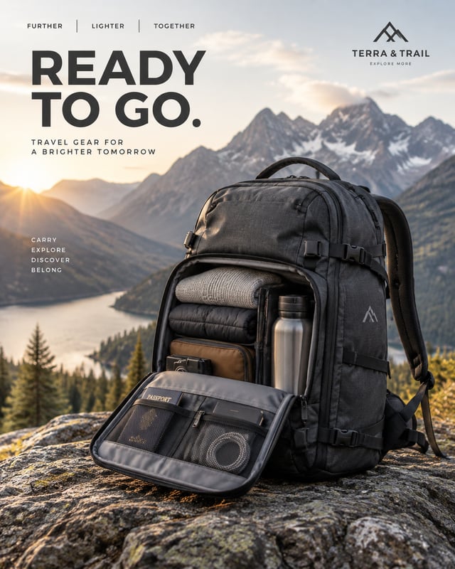 Premium 4:5 advertising poster for a luxury travel backpack brand. A single charcoal travel backpack