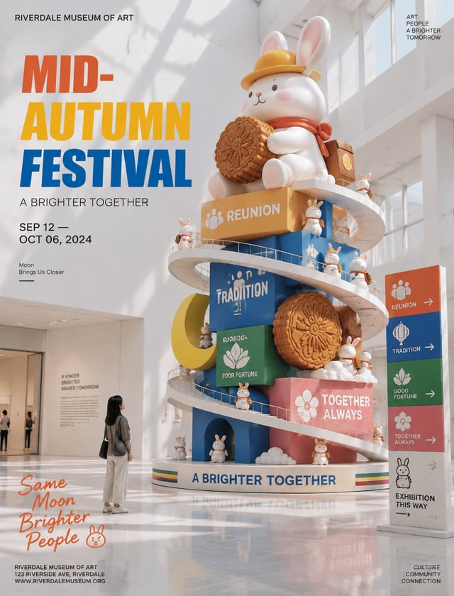 In a tall, nearly all-white museum atrium, take a photo of an exhibition poster: a monumental instal