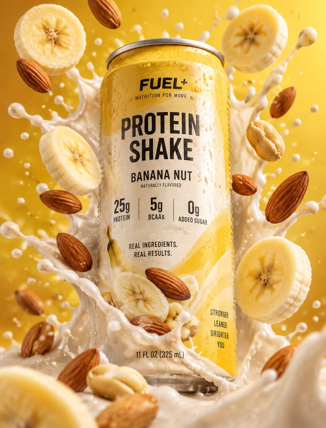 Hyper-realistic product advertisement of a protein shake can with yellow and cream design, surrounde