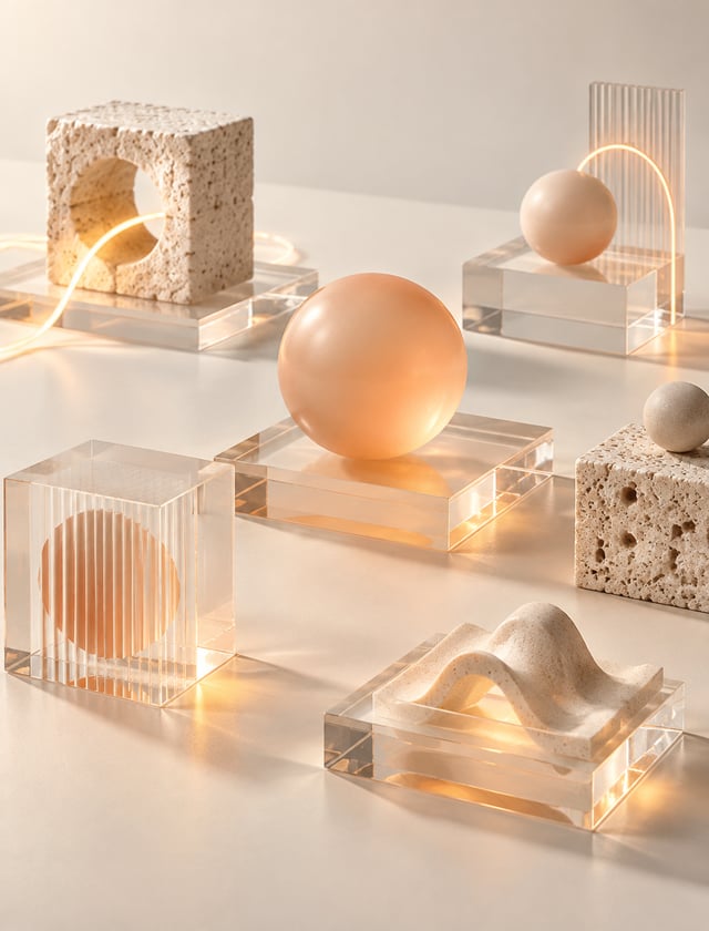 A minimalist abstract still life arranges translucent square acrylic platforms across a matte ivory 