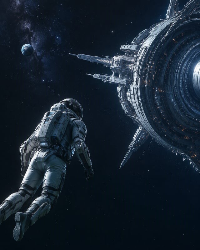 A hyper-realistic sci-fi scene: an astronaut in a sleek futuristic suit floating in space near a mas