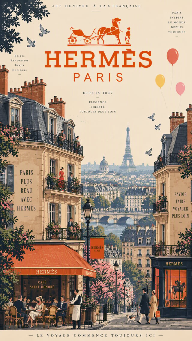@Buat gambar Vintage French travel advertisement poster, mid-century graphic design style. Subject a