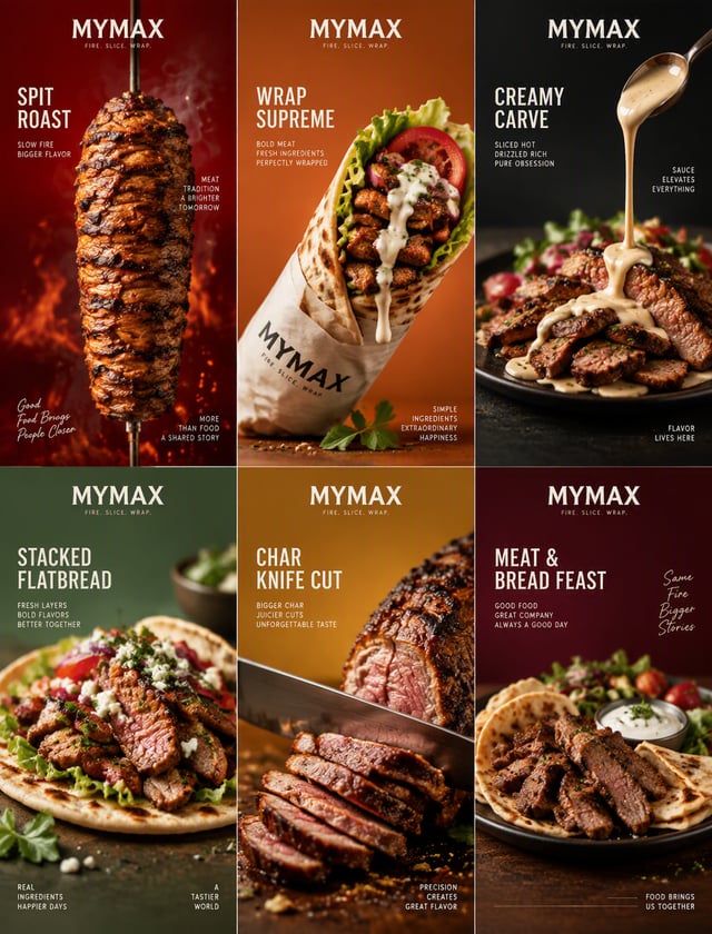 Create an ultra-premium 2x3 six-panel commercial poster for a fictional grilled-meat brand called EM