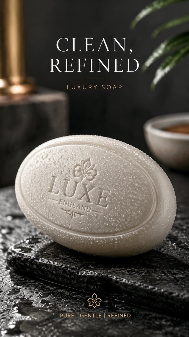 Premium 4:5 advertising poster for a luxury soap brand. A single sculpted soap bar resting on wet bl