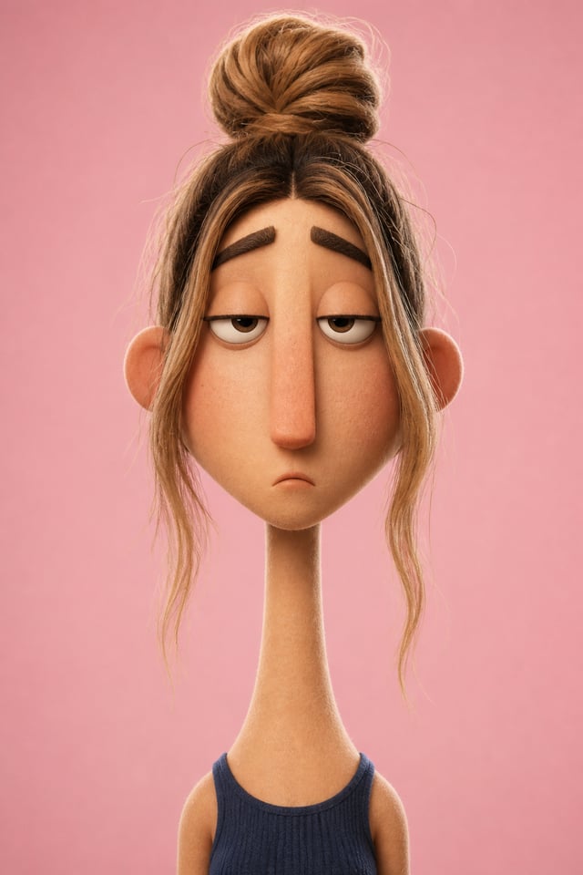 A highly stylized 3D cartoon character portrait from the shoulders up, featuring an oversized rounde