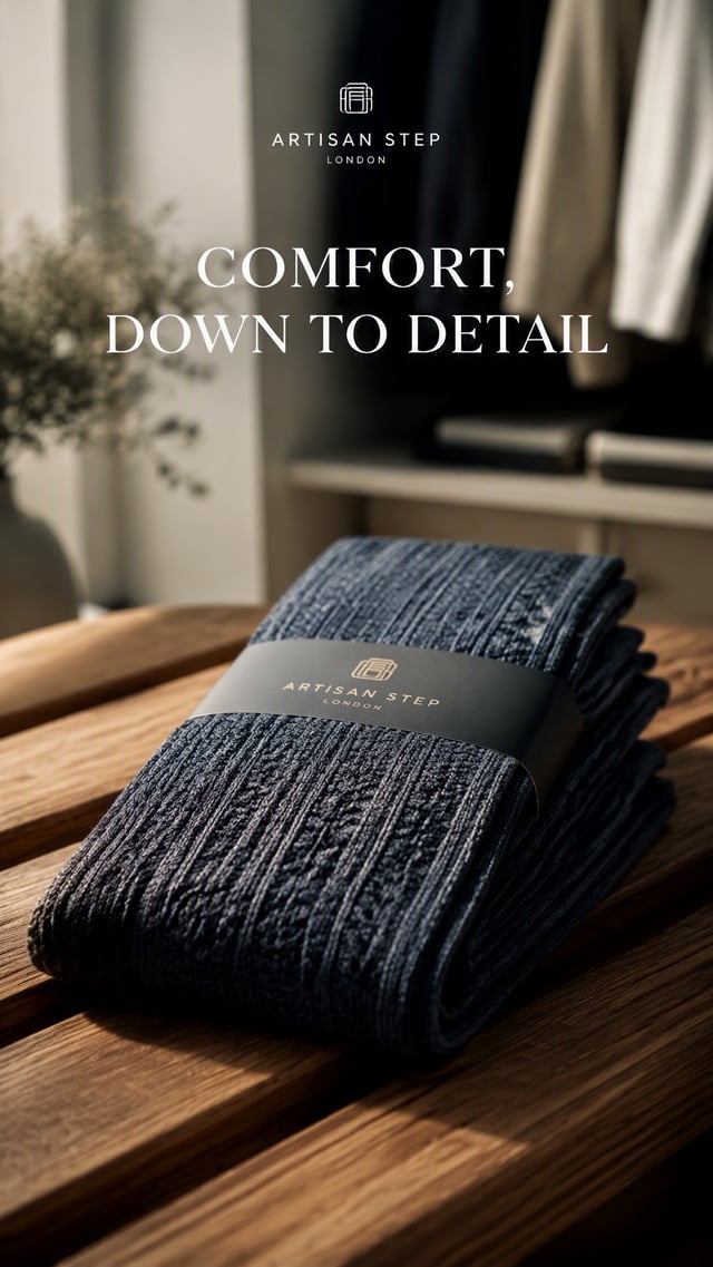 Premium 4:5 advertising poster for a luxury sock brand. A folded pair of premium socks placed on a m