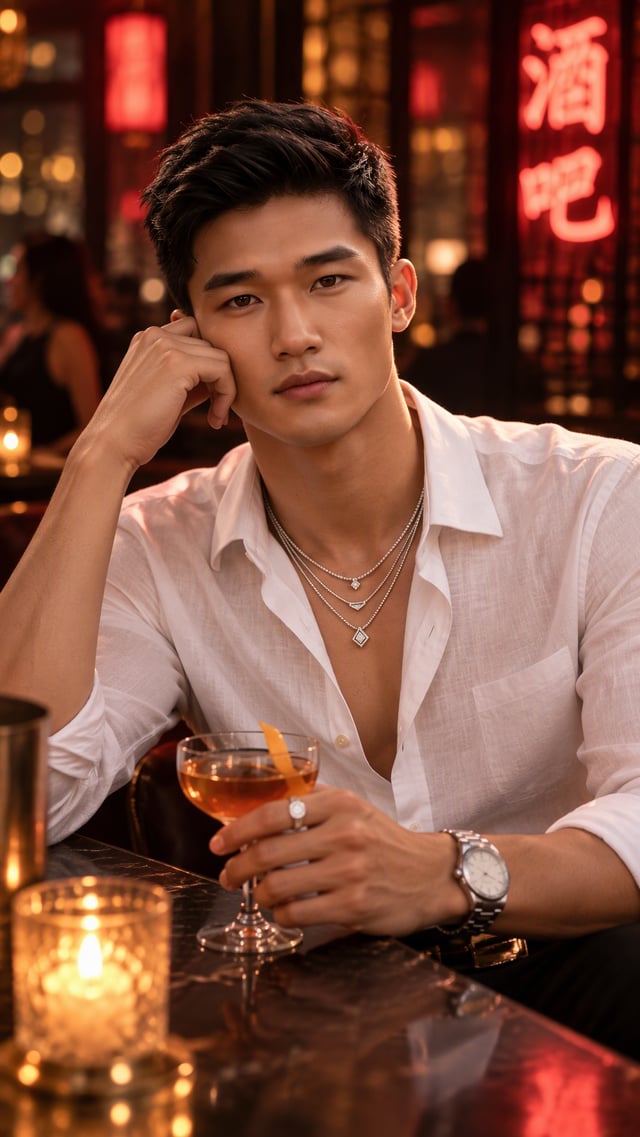 Ultra-realistic cinematic portrait of a handsome young man [image1] black hair, wearing an elegant u