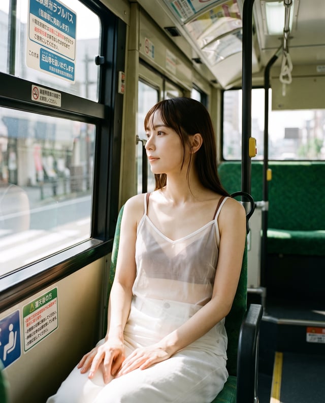 Người phụ nữ mặc đồ trắng ngồi ở ghế cạnh cửa sổ bên phải màn hình trung tâm, trên chuyến xe buýt đư