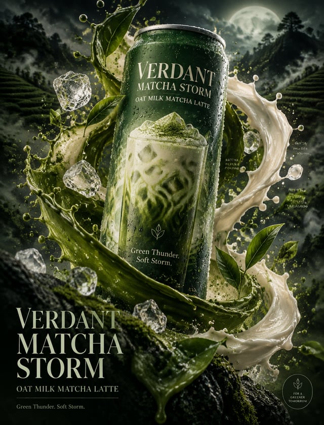【项目定位】为虚构高端罐装品牌 “VERDANT MATCHA STORM” 创作戛纳级商业海报。核心结构：一罐高耸冰镇抹茶燕麦拿铁居中微后仰；被浓绿抹茶与燕麦奶白双液环形碰撞环抱；周围悬浮抹茶粉雾、